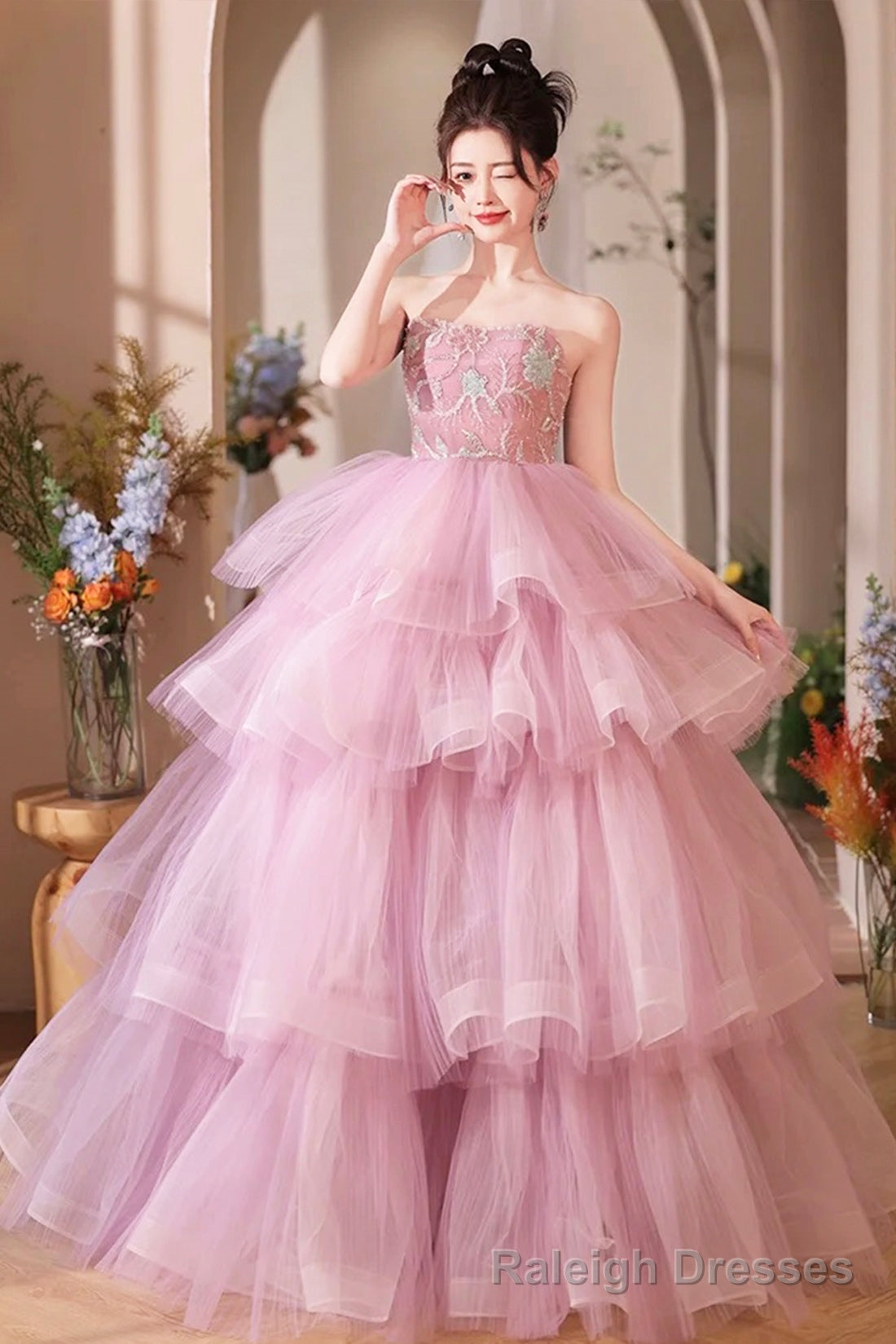 Pink Tulle Layers Long A-Line Prom Dress, Pink Sweetheart Neckline Evening Gown Main image
