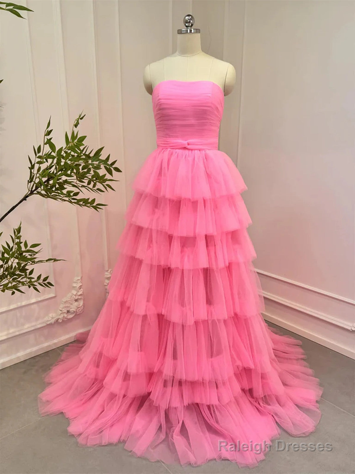 Pink Tulle  Layers Long Prom Dress, Strapless Pink Tulle Evening Dress Formal Dress Secondary image