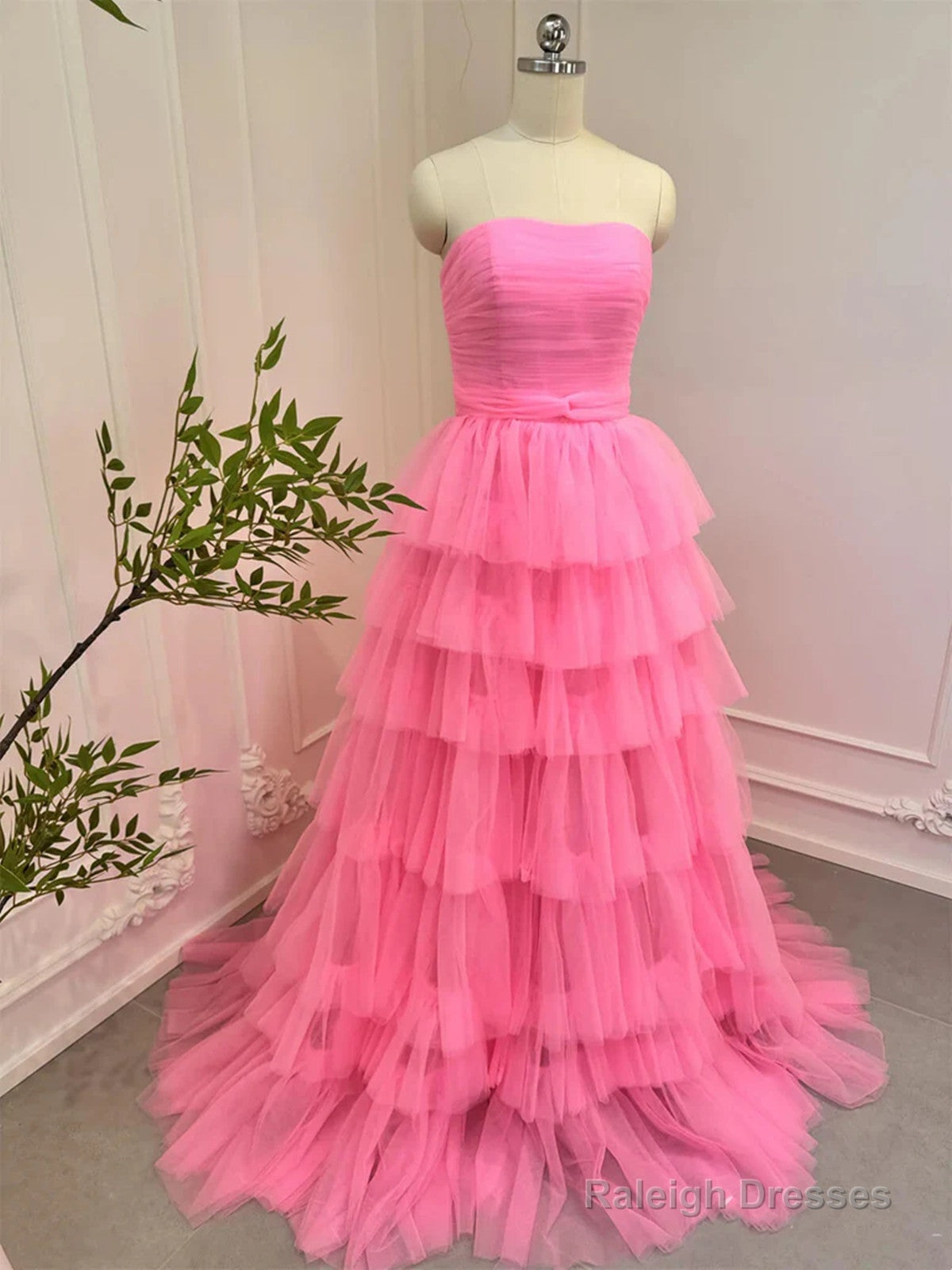 Pink Tulle  Layers Long Prom Dress, Strapless Pink Tulle Evening Dress Formal Dress Main image
