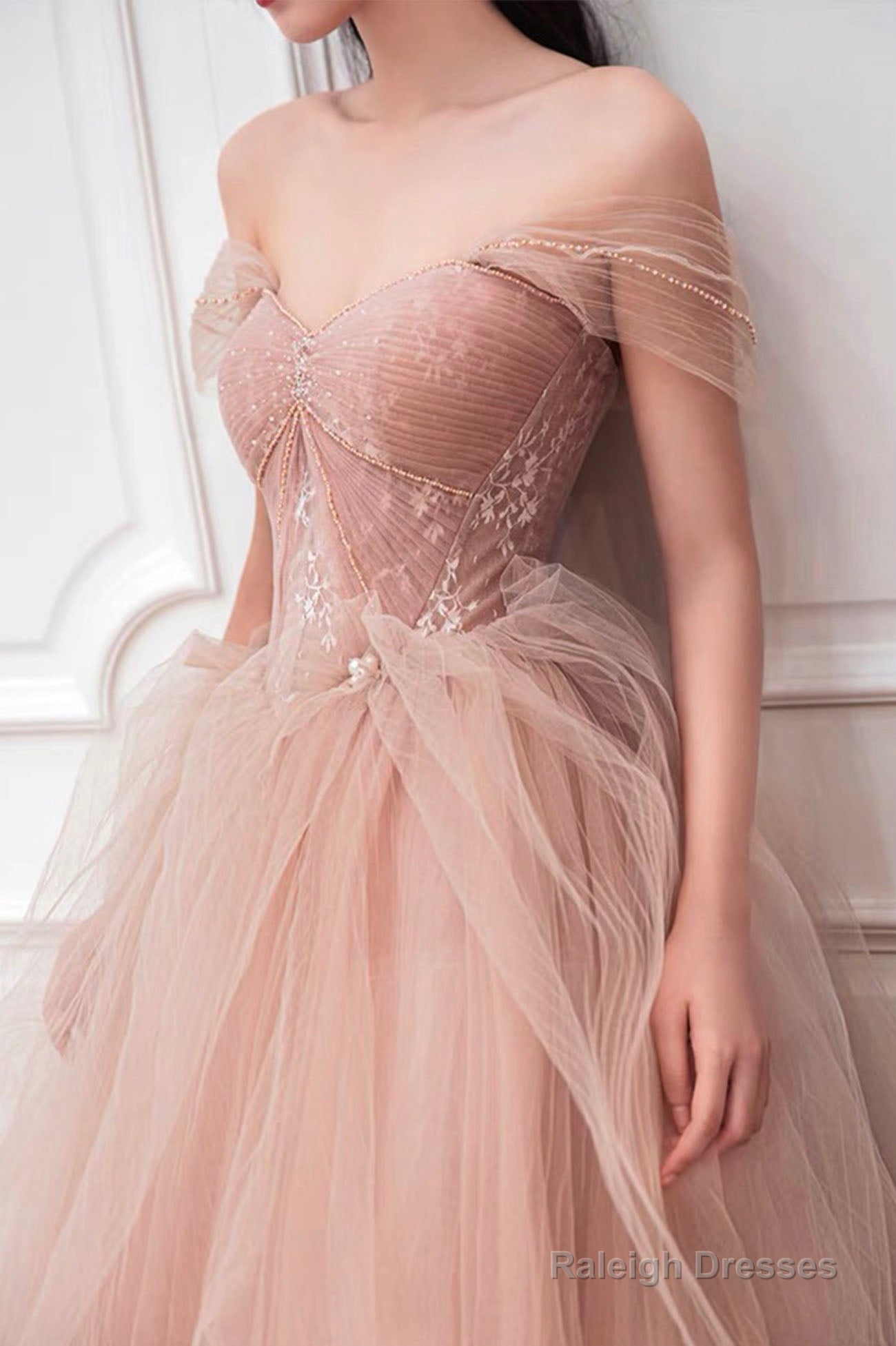 Pink Tulle Long A-Line Prom Dress, Cute Off The Shoulder Graduation Dress Secondary image