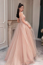 Pink Tulle Long A-Line Prom Dress, Cute Off The Shoulder Graduation Dress