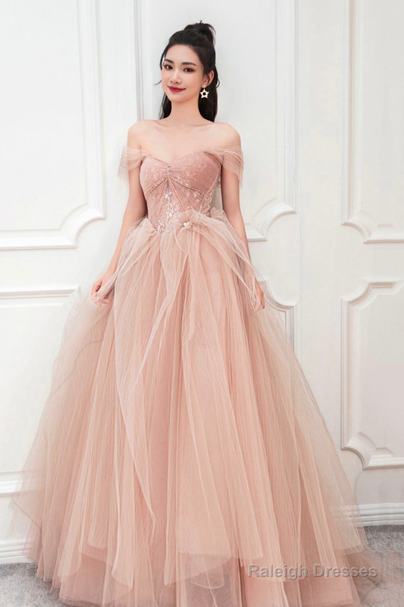 Pink Tulle Long A-Line Prom Dress, Cute Off The Shoulder Graduation Dress Main image