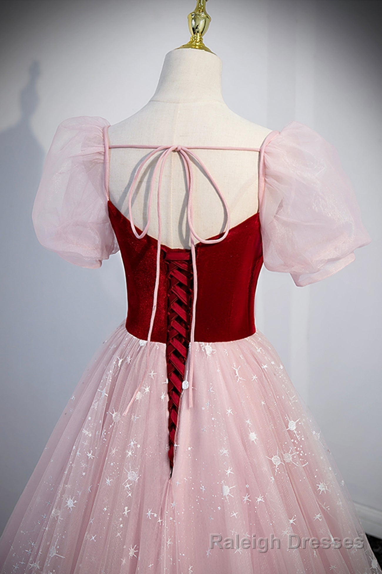 Pink Tulle Long A Line Prom Dress, Lovely Short Sleeve Prom Prom Dress