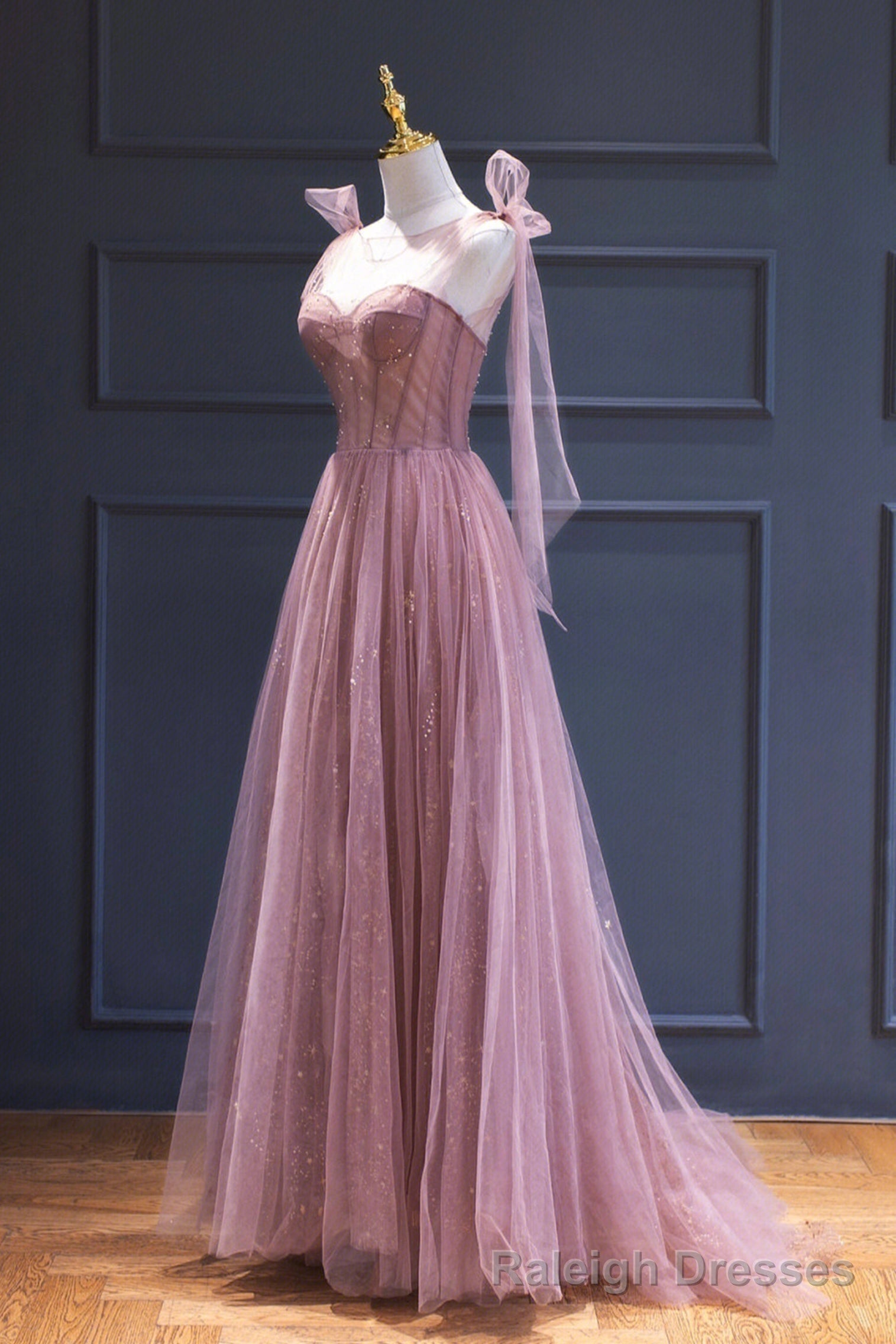 Pink Tulle Long A Line Prom Dress, Pink Prom Dress with Corset