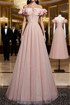 Pink Tulle Long A Line Prom Dress Pink Evening Dress