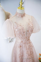 Pink Tulle Long A Line Prom Dress, Pink Short Sleeve Prom Prom Dress