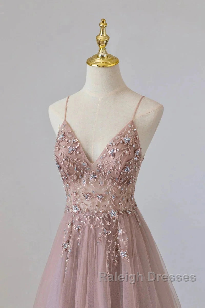 Pink Tulle Long A Line Prom Dresses Pink Spaghetti Prom Dresses With Beaded Secondary image