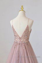 Pink Tulle Long A Line Prom Dresses Pink Spaghetti Prom Dresses With Beaded