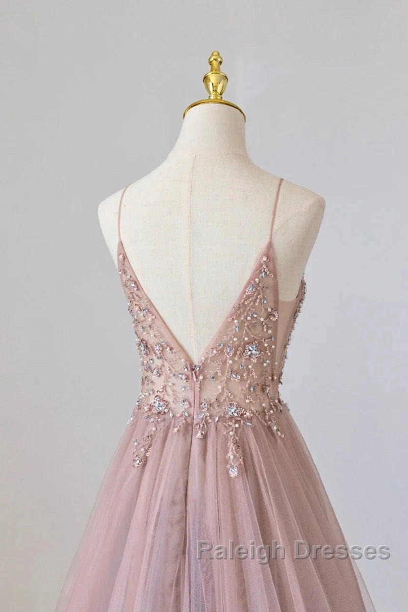 Pink Tulle Long A Line Prom Dresses Pink Spaghetti Prom Dresses With Beaded