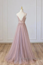 Pink Tulle Long A Line Prom Dresses Pink Spaghetti Prom Dresses With Beaded