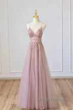 Pink Tulle Long A-Line Prom Dress, Pink Spaghetti Formal Dress With Beaded