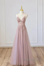Pink Tulle Long A Line Prom Dresses Pink Spaghetti Prom Dresses With Beaded