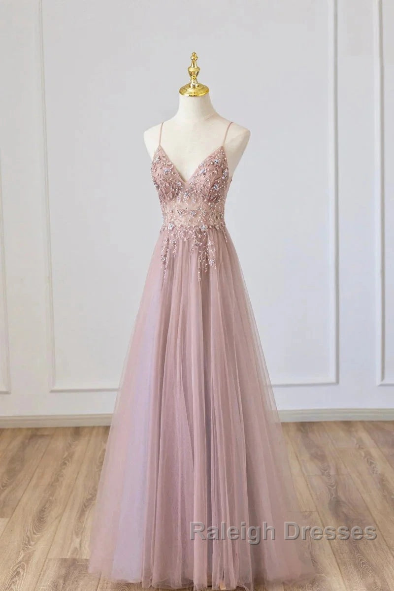 Pink Tulle Long A Line Prom Dresses Pink Spaghetti Prom Dresses With Beaded