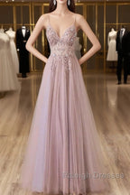Pink Tulle Long A-Line Prom Dress, Pink Spaghetti Formal Dress With Beaded