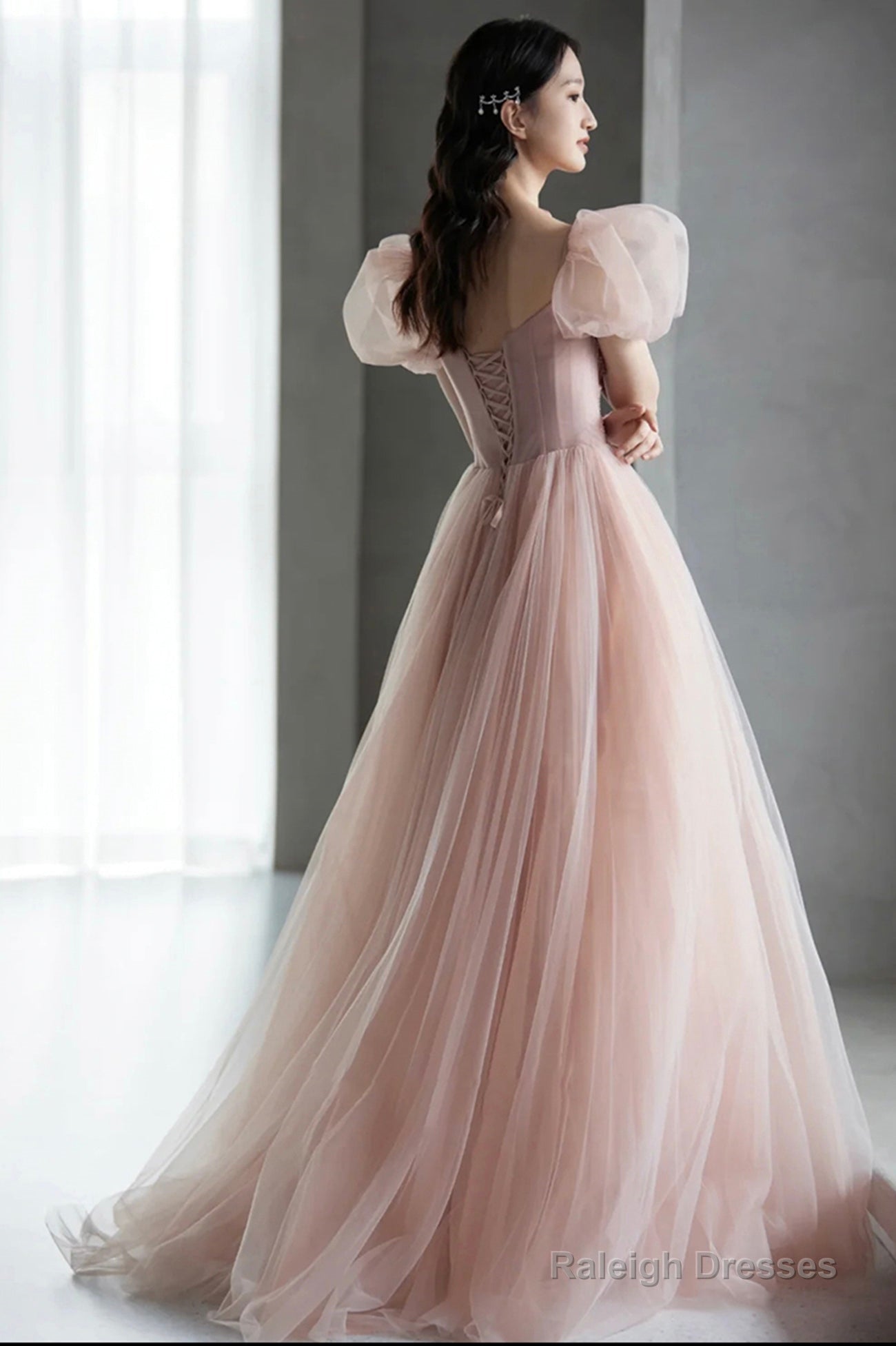 Pink Tulle Long A-Line Prom Dress With Beaded, Lovely Puff Sleeve Evening Dress