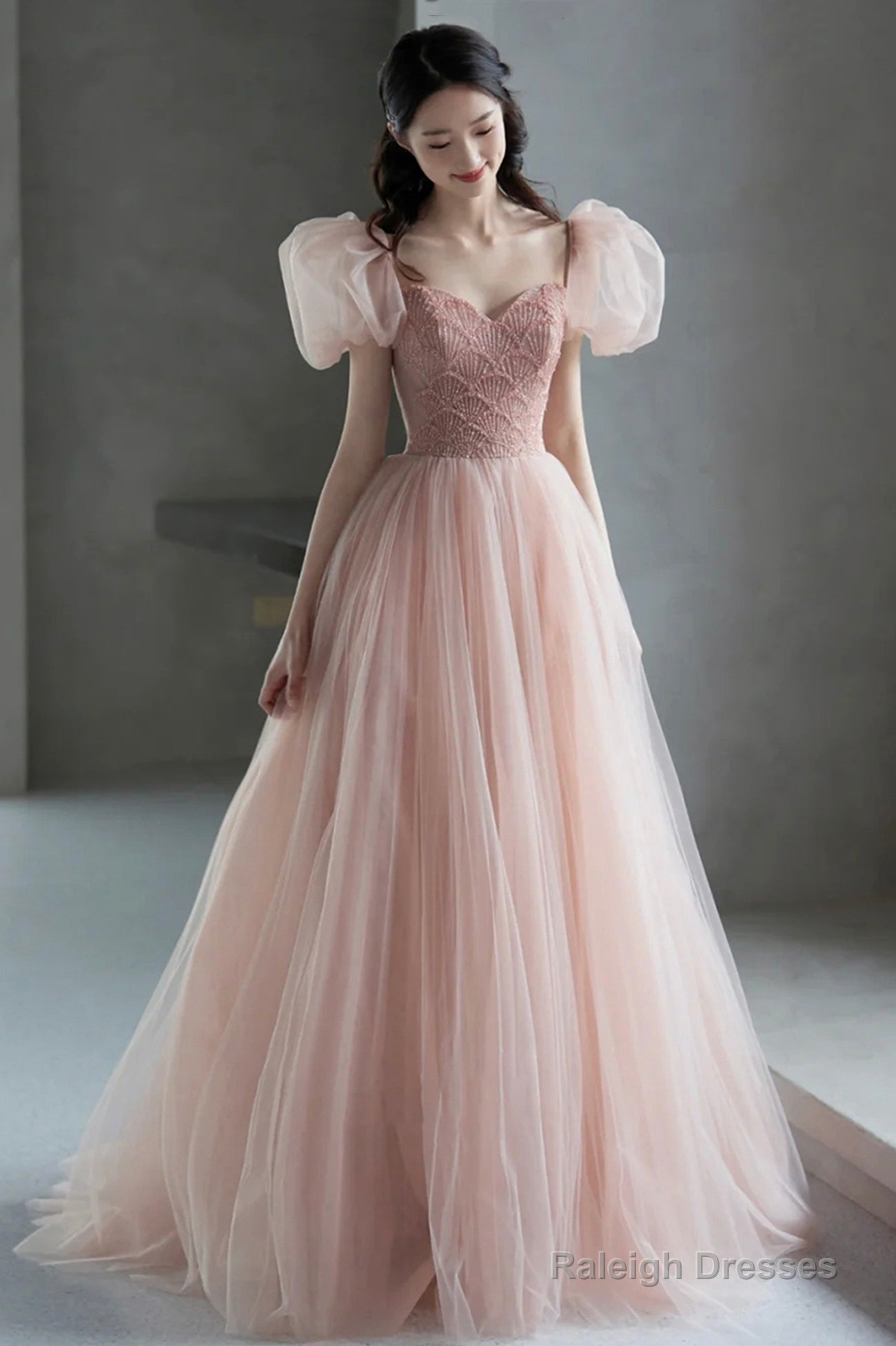 Pink Tulle Long A-Line Prom Dress With Beaded, Lovely Puff Sleeve Evening Dress Main image