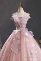 Pink Tulle Long A-Line Prom Dresses With Lace Beautiful Off Shoulder Sweet 16 Dresses
