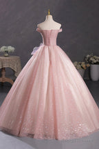 Pink Tulle Long A-Line Prom Dresses With Lace Beautiful Off Shoulder Sweet 16 Dresses