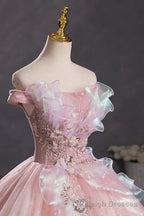 Pink Tulle Long A Line Prom Dress with Lace, Off Shoulder Sweet 16 Dress