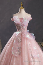 Pink Tulle Long A-Line Prom Dress with Lace, Off Shoulder Sweet 16 Dress