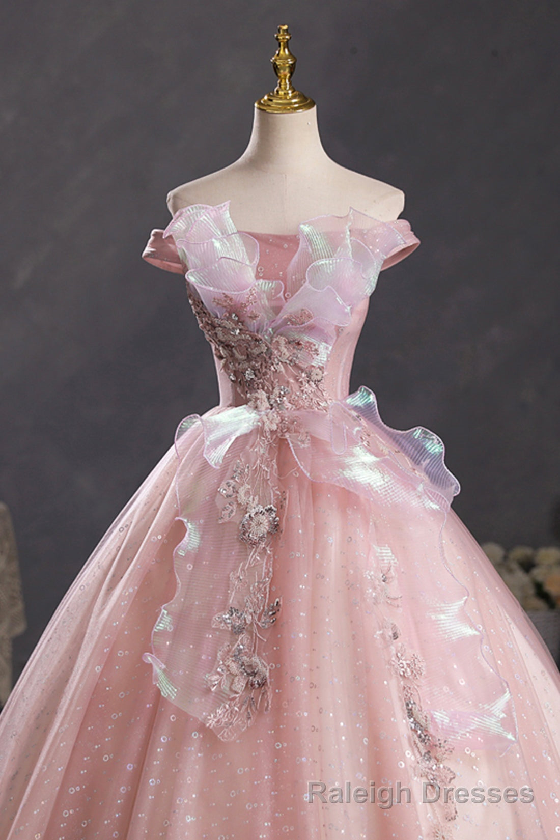 Pink Tulle Long A-Line Prom Dress with Lace, Off Shoulder Sweet 16 Dress