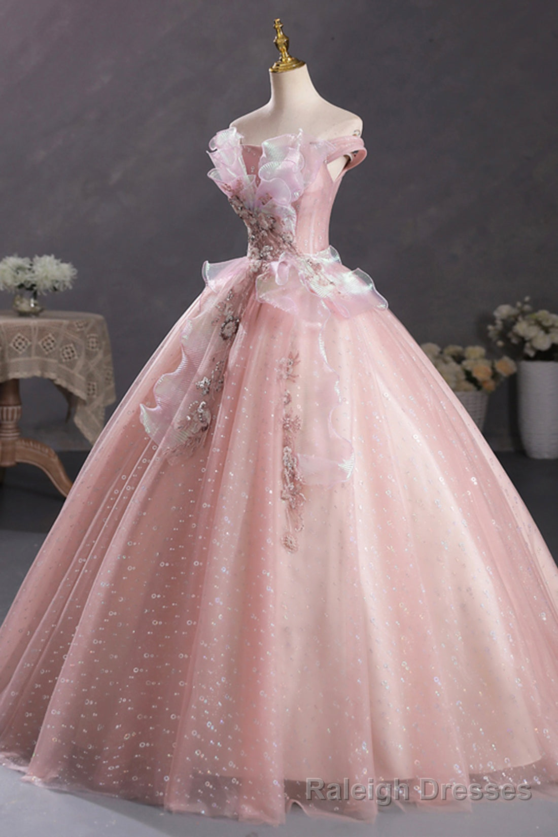 Pink Tulle Long A Line Prom Dress with Lace, Off Shoulder Sweet 16 Dress Main image