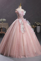 Pink Tulle Long A Line Prom Dress with Lace, Off Shoulder Sweet 16 Dress