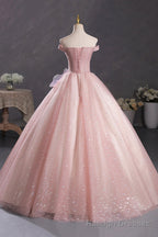 Pink Tulle Long A Line Prom Dress with Lace, Off Shoulder Sweet 16 Dress