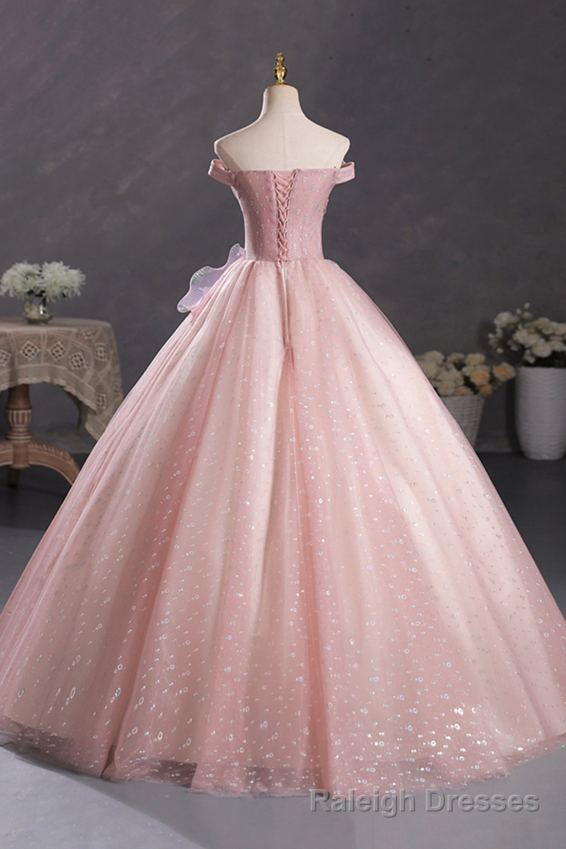 Pink Tulle Long A Line Prom Dress with Lace, Off Shoulder Sweet 16 Dress