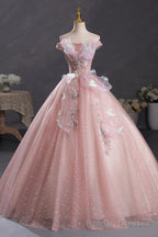 Pink Tulle Long A Line Prom Dress with Lace, Off Shoulder Sweet 16 Dress