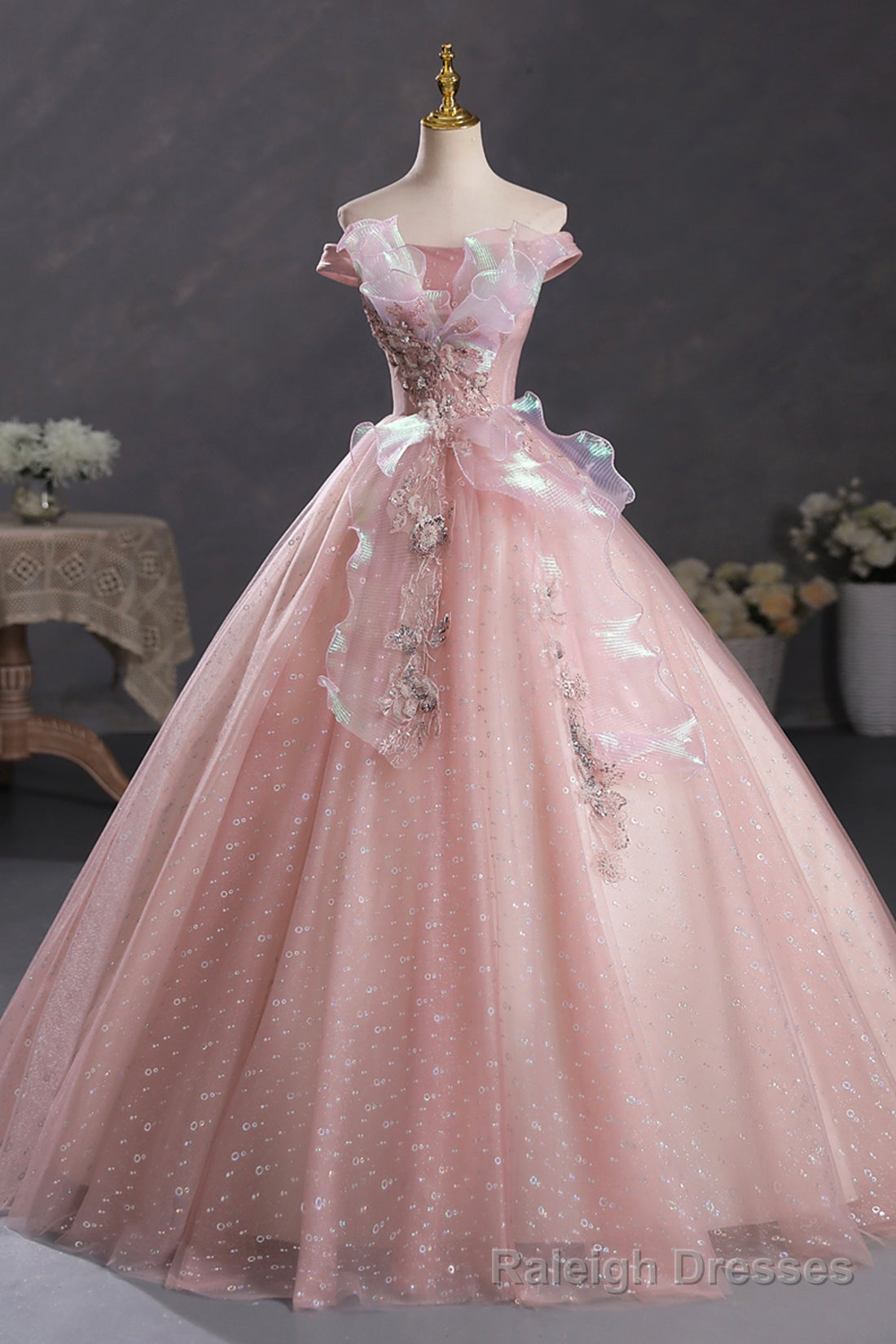 Pink Tulle Long A Line Prom Dress with Lace, Off Shoulder Sweet 16 Dress