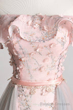 Pink Tulle Long A Line Prom Dress with Train, Off the Shoulder Formal Prom Dress