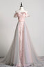 Pink Tulle Long A-Line Prom Dress with Train, Off the Shoulder Formal Evening Dress
