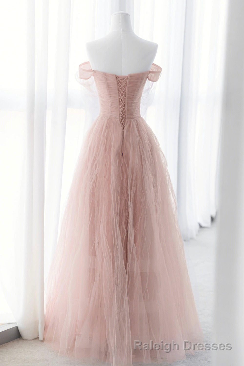 Pink Tulle Long A-Line Prom Dresses, Pink Evening Dresses with Bow Secondary image