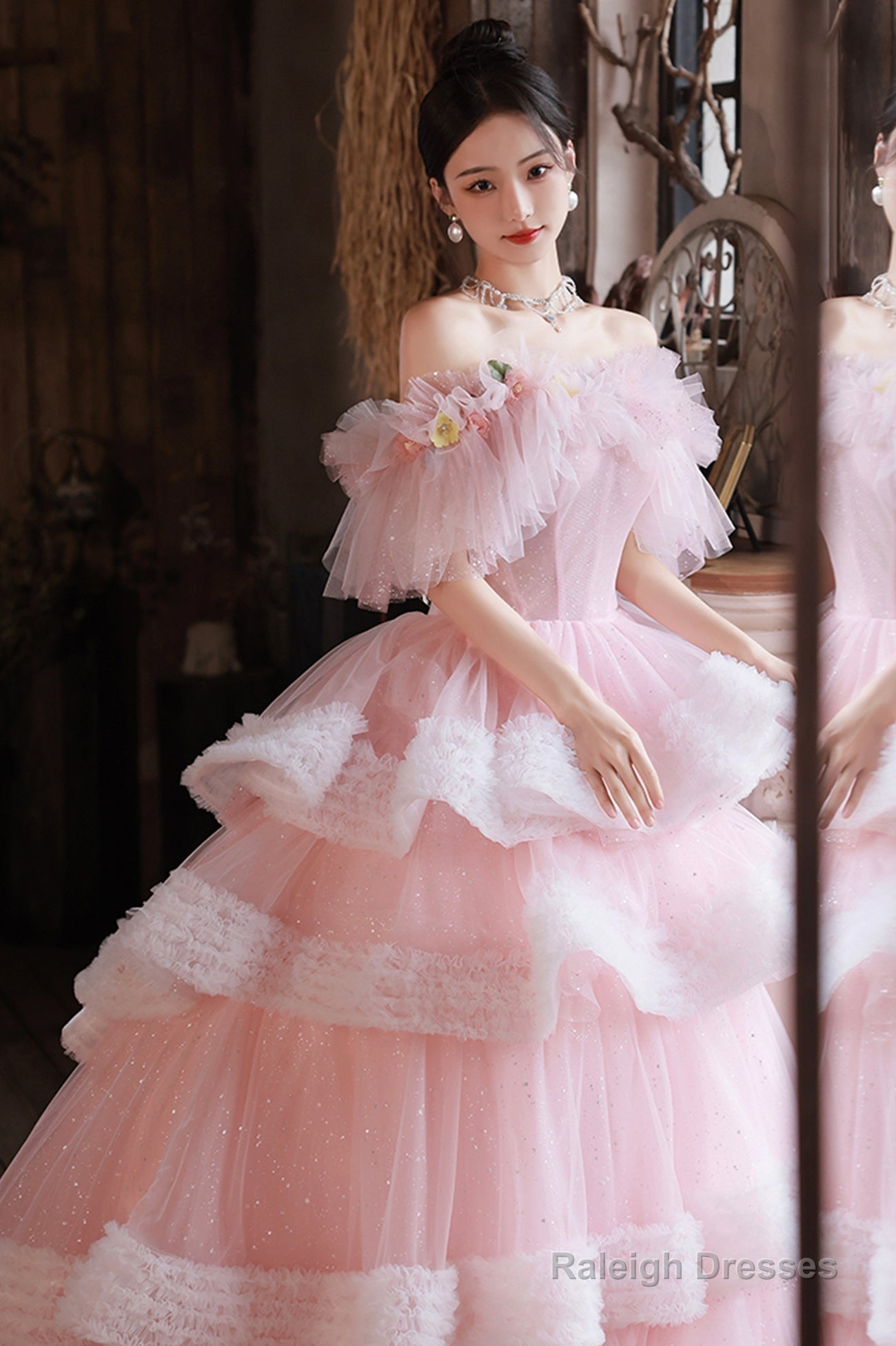 Pink Tulle Long A-Line Prom Gown, Off The Shoulder Sweet 16 Dress