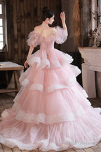 Pink Tulle Long A-Line Prom Gown, Off The Shoulder Sweet 16 Dress