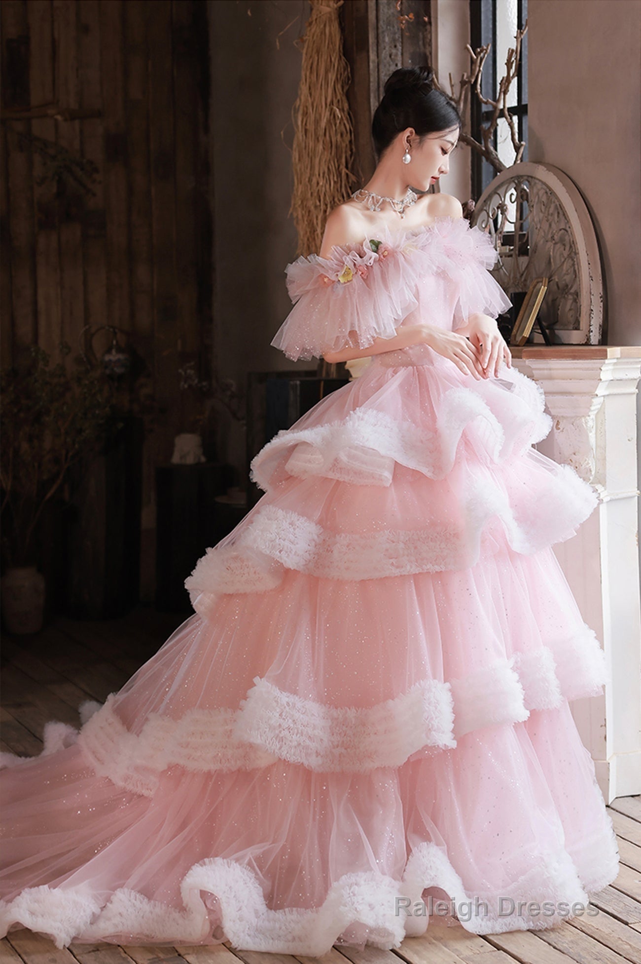 Pink Tulle Long A-Line Prom Gown, Off The Shoulder Sweet 16 Dress Main image