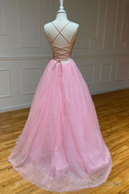 Pink Tulle Long Backless Prom Dress, A-Line V Neck Party Dress
