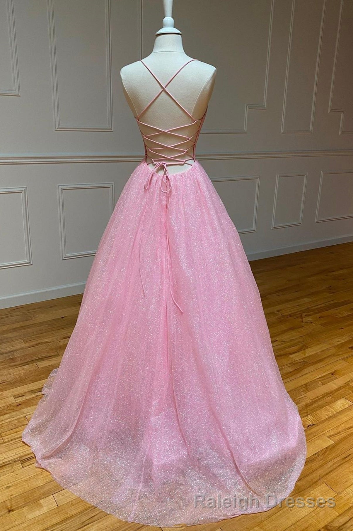 Pink Tulle Long Backless Prom Dress, A Line V Neck Prom Dress Secondary image