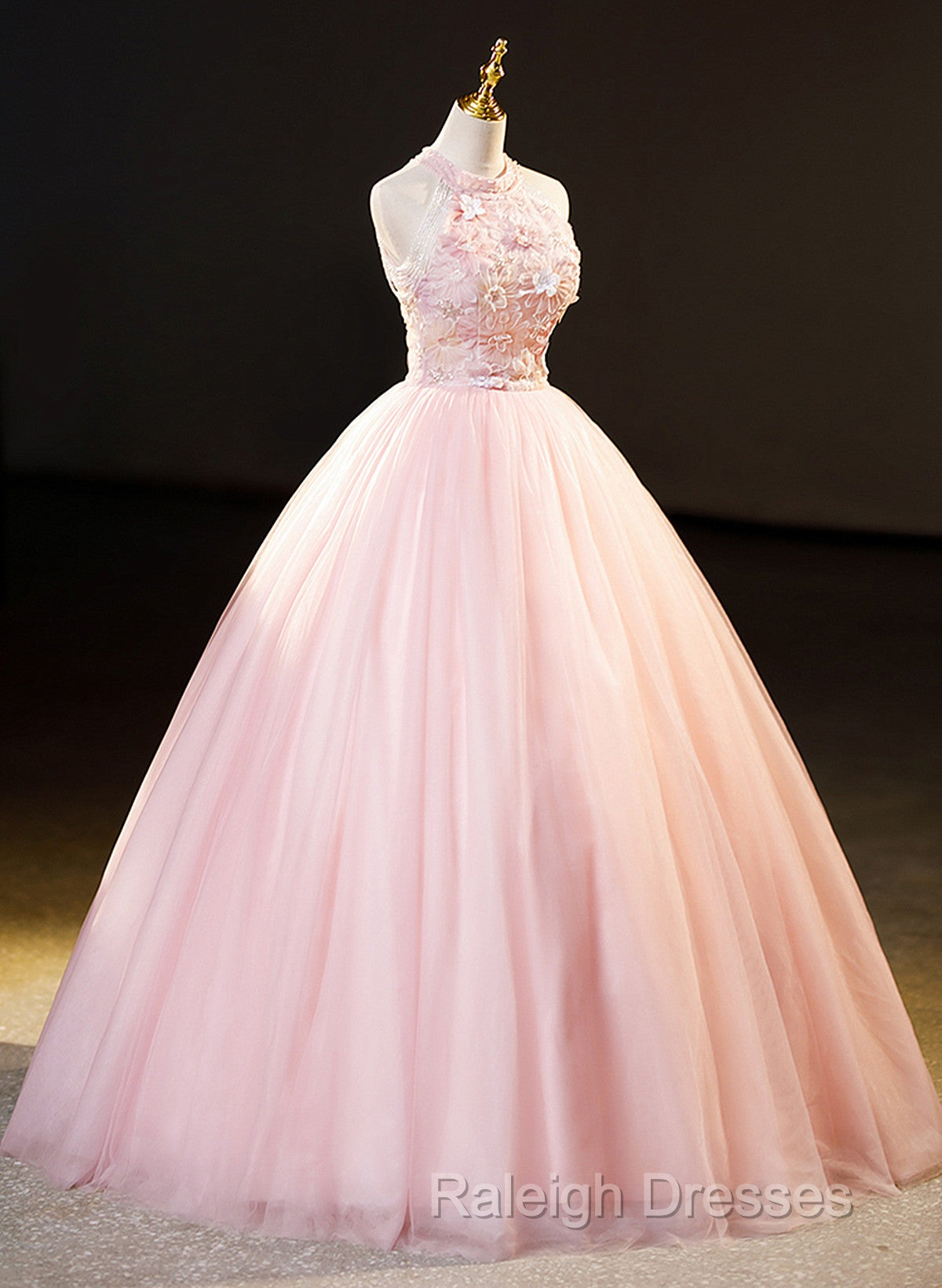 Pink Tulle Long Prom Dresses With Floral Lace Pink Halter Tulle Sweet 16 Dresses Secondary image