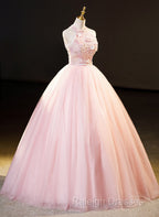 Pink Tulle Long Prom Dresses With Floral Lace Pink Halter Tulle Sweet 16 Dresses