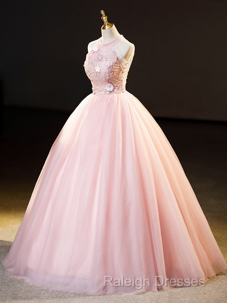 Pink Tulle Long Prom Dresses With Floral Lace Pink Halter Tulle Sweet 16 Dresses