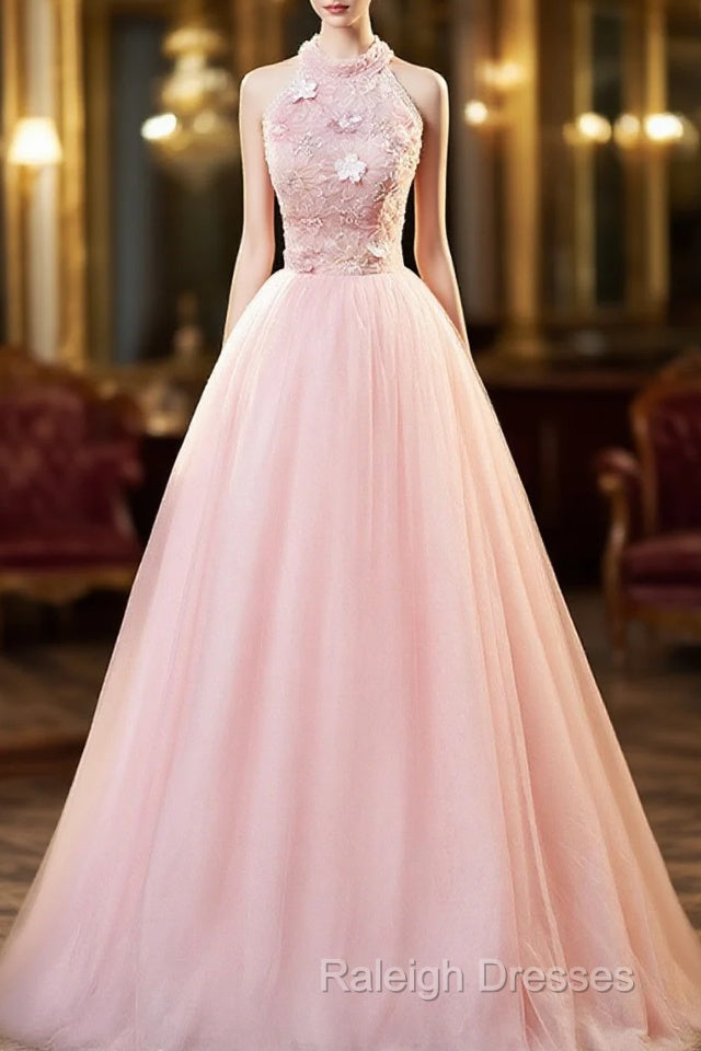 Pink Tulle Long Formal Dress With Floral Lace, Pink Halter Tulle Sweet 16 Dress Main image