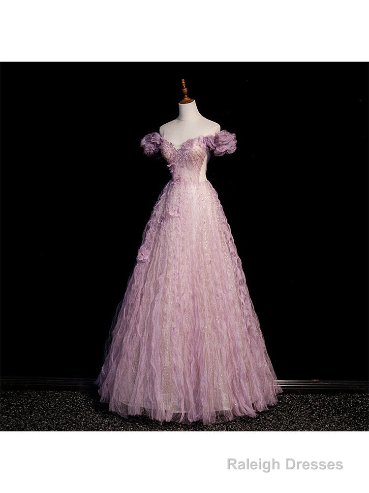 Pink Tulle Long Off Shoulder Party Dress With Flowers, Pink Evening Dress Prom Dress