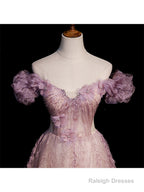 Pink Tulle Long Off Shoulder Party Dress With Flowers, Pink Evening Dress Prom Dress