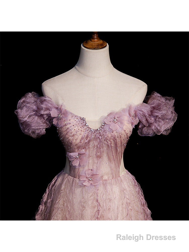 Pink Tulle Long Off Shoulder Party Dress With Flowers, Pink Evening Dress Prom Dress