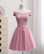 Pink Tulle Long Prom Dress , Cute Off Shoulder Bridesmaid Dresses