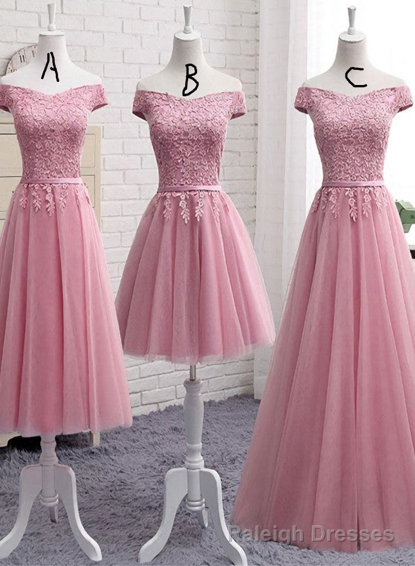 Pink Tulle Long Party Dress , Cute Off Shoulder Bridesmaid Dresses Main image