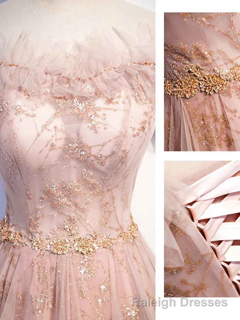 Pink Tulle Long Prom Dress, A line Pink Formal Graduation Dresses