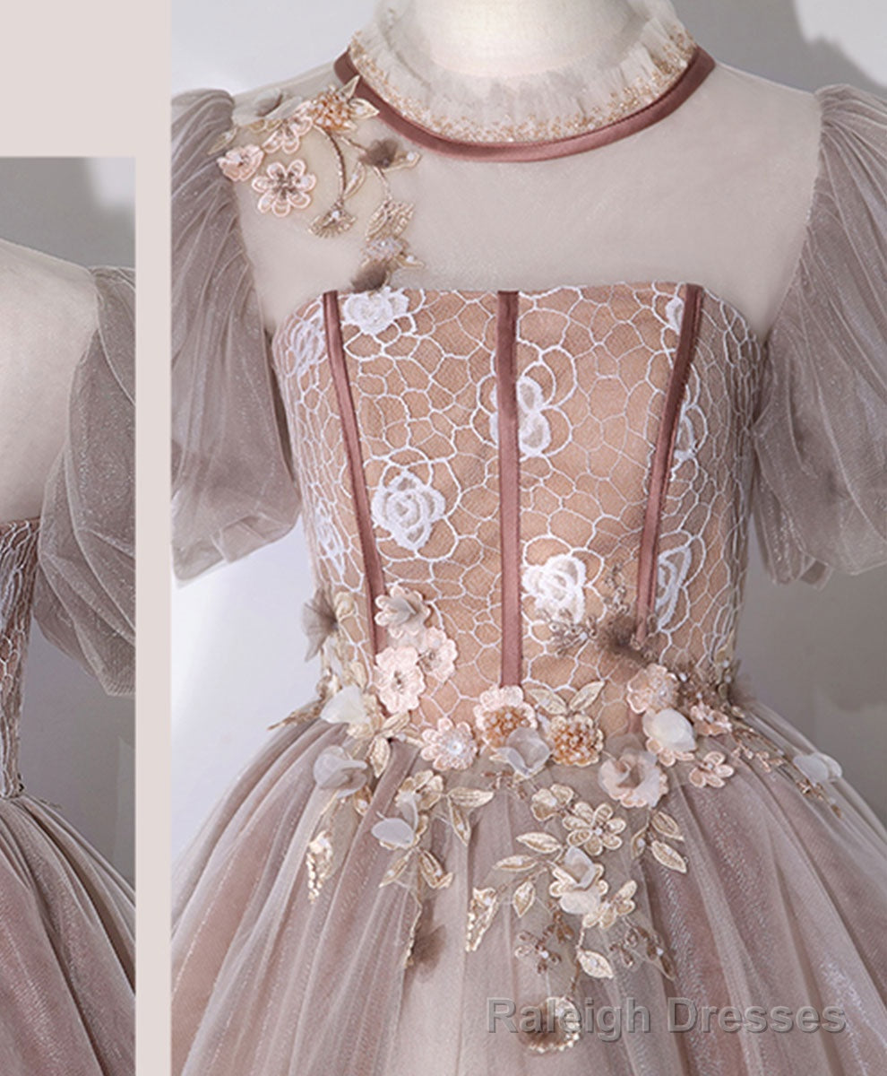 Pink Tulle Long Prom Dress, Pink Formal Sweet 16 Dress with Applique Beading